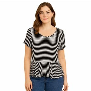 Elle Black Striped Flared Peplum Top Sz XL